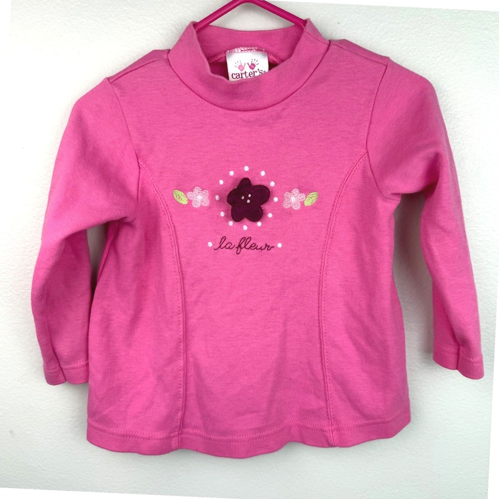 Vtg Carter's 2T Pink Long Sleeve Floral Embroidered "La Fleur" Toddler Shirt Top